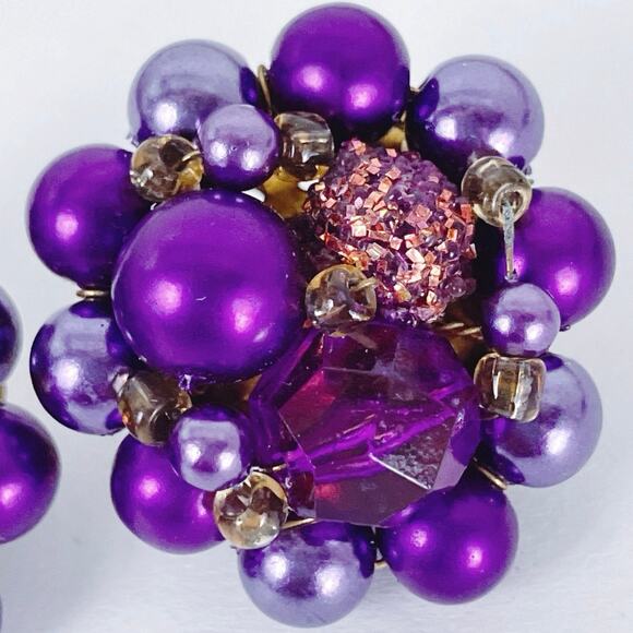 VTG Japan Mid Century Cocktail Earrings Purple Faux Pearl Bead Cluster Clip On - Picture 5 of 11